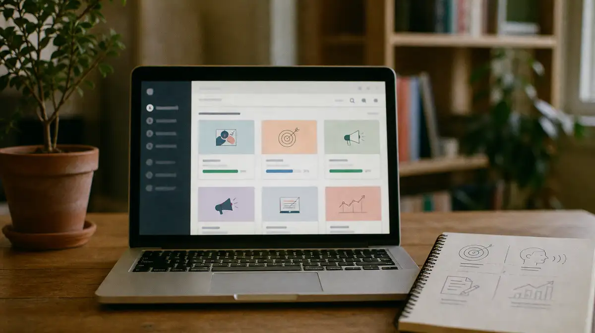 Online social media marketing course beside a strategy notebook