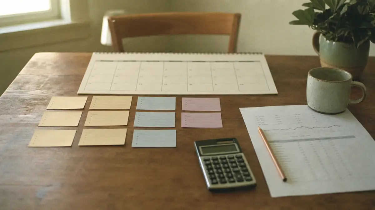 Four-week social media plan with content cards and measurement worksheet