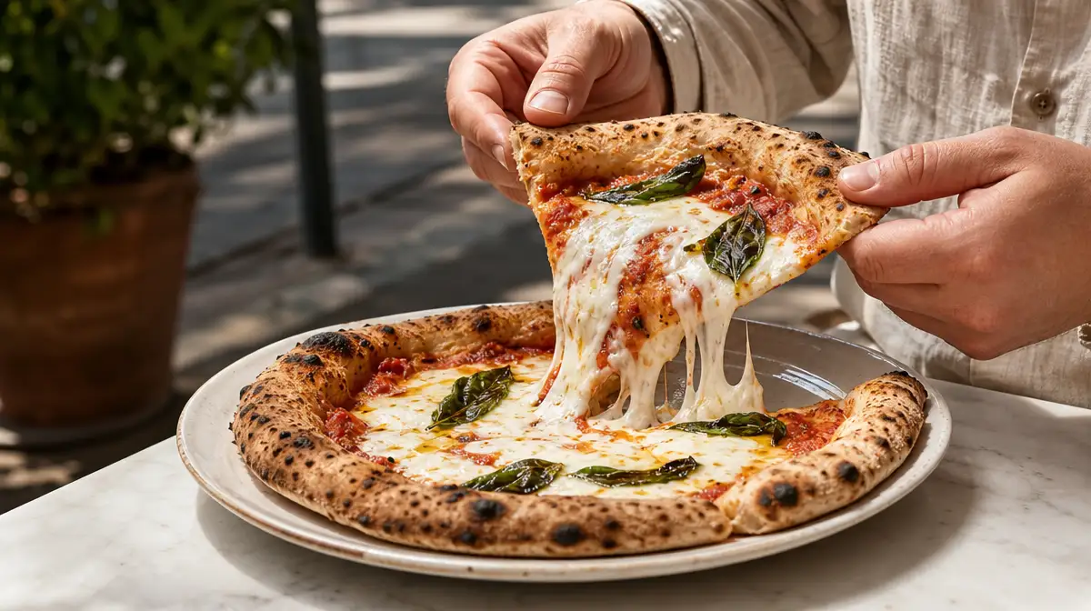 Hands lifting a blistered artisan pizza slice with melted mozzarella stretching to a plate