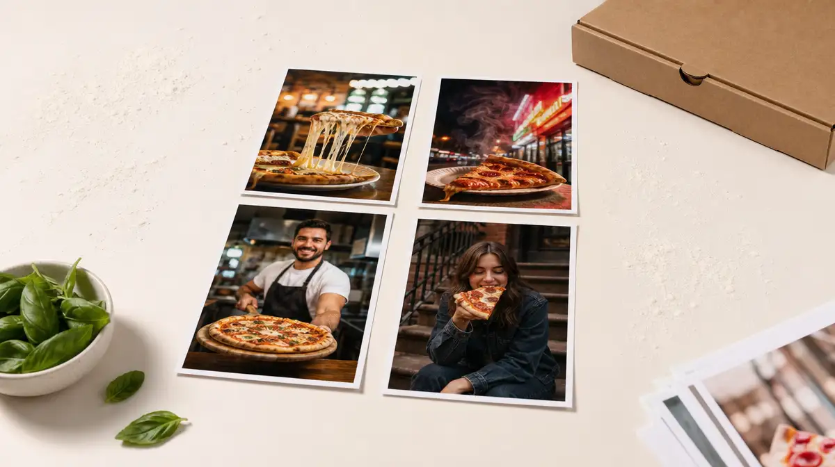 Four printed pizza campaign photographs arranged as one cohesive visual system