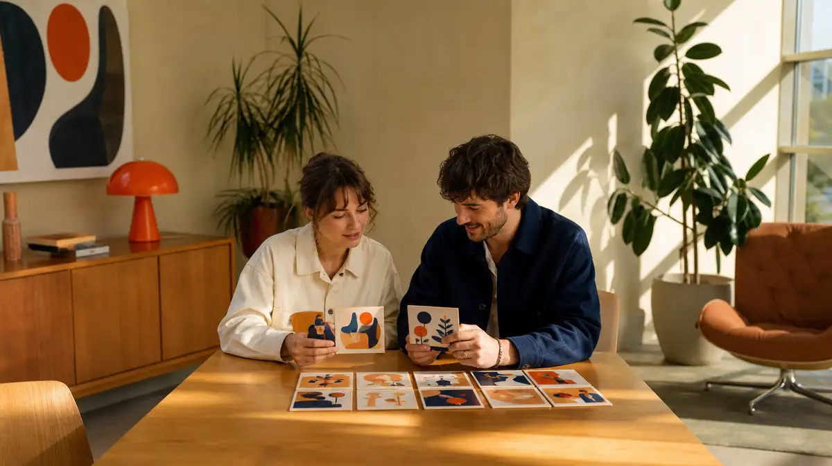 Marketing teammates reviewing carousel cards beside a compact brand brief for visual consistency