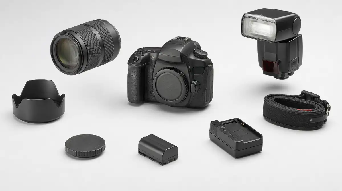 picture of a camera and came accesories hanging in the air