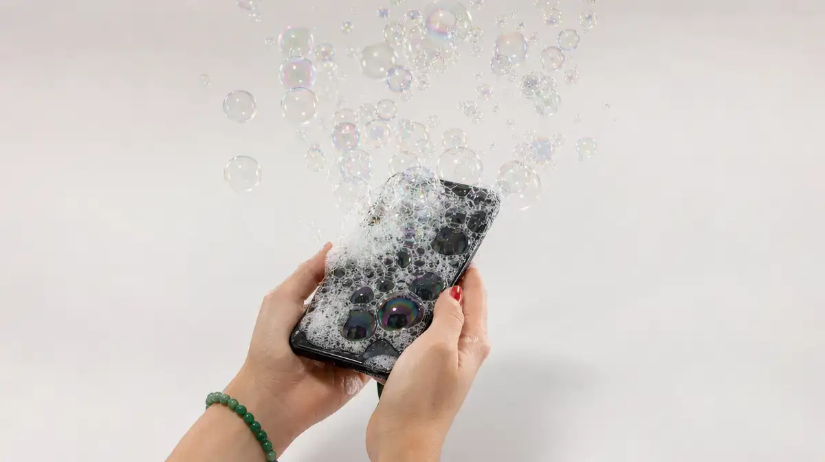 White lather spilling over a smartphone bezel and releasing transparent soap bubbles