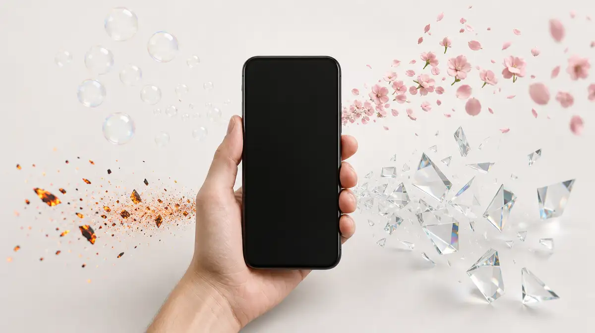 A smartphone prompt variation showing bubbles, embers, petals, and glass prisms