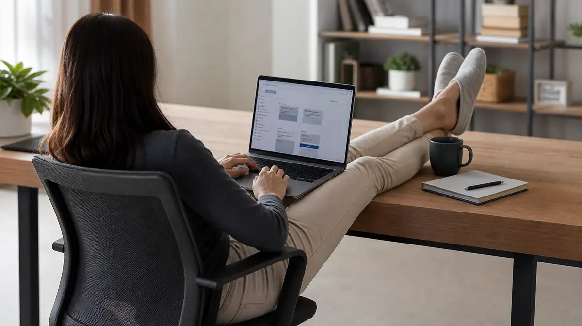 a person sitting at a desk working, feet up on the table, relaxed posture.