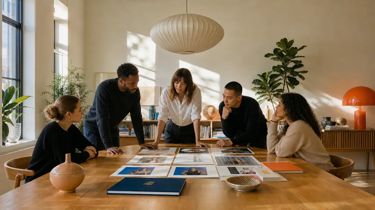 A creative studio mapping sketches, discarded directions, final work, and audience questions into a behind-the-scenes campaign