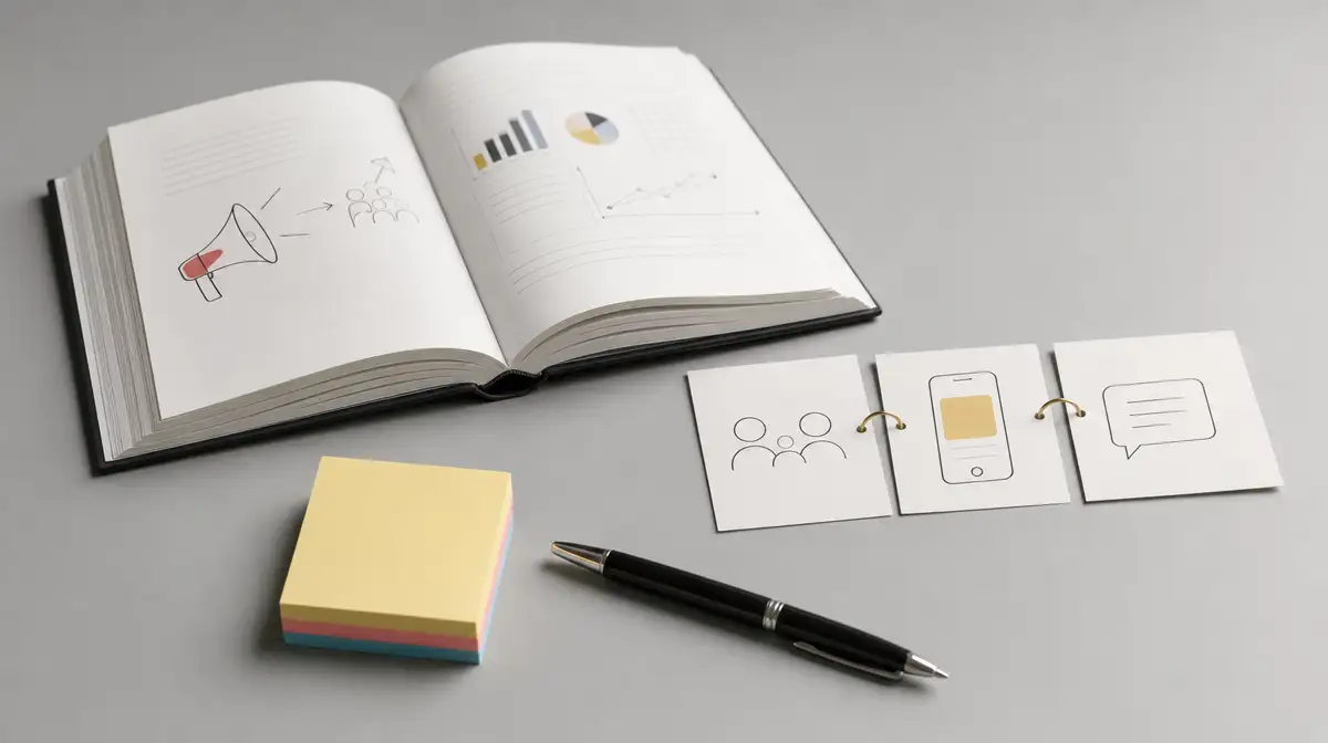 An open marketing book beside a hand-drawn social media workflow
