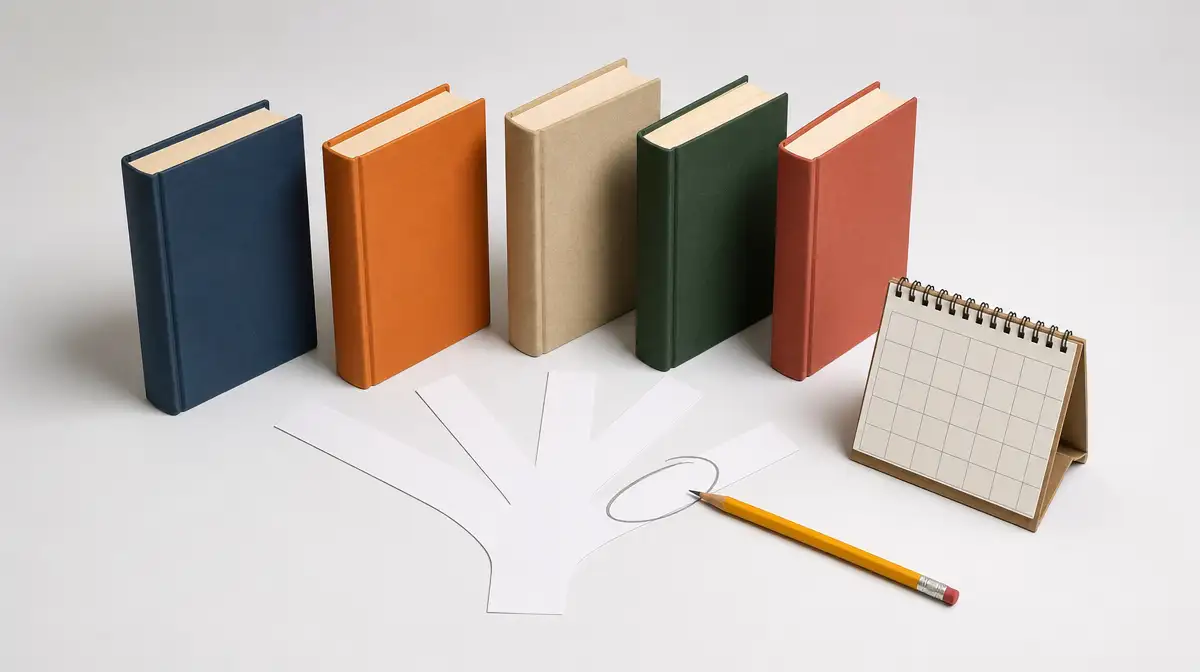 Different marketing books arranged beside a focused decision path