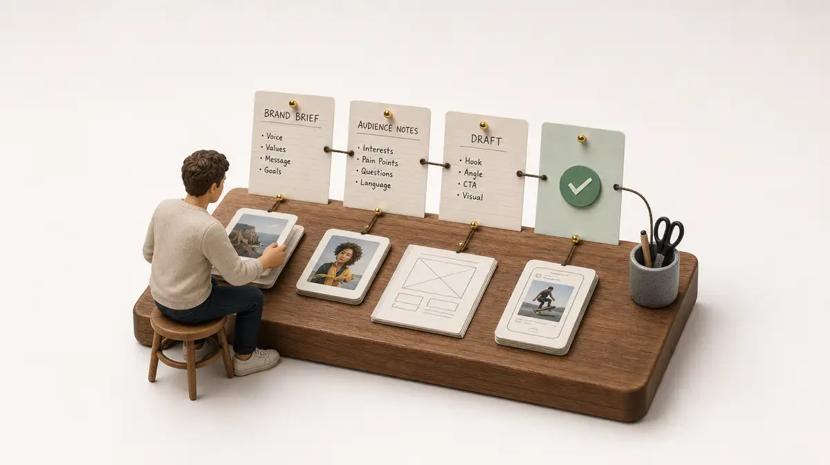 A solo founder following a visible social media content workflow from idea to approval