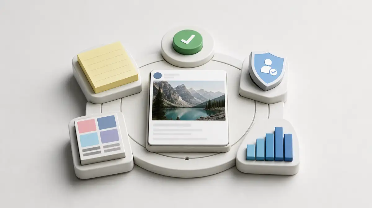 Five social media UI signals surrounding a draft: context, status, permission, channel fit, and learning