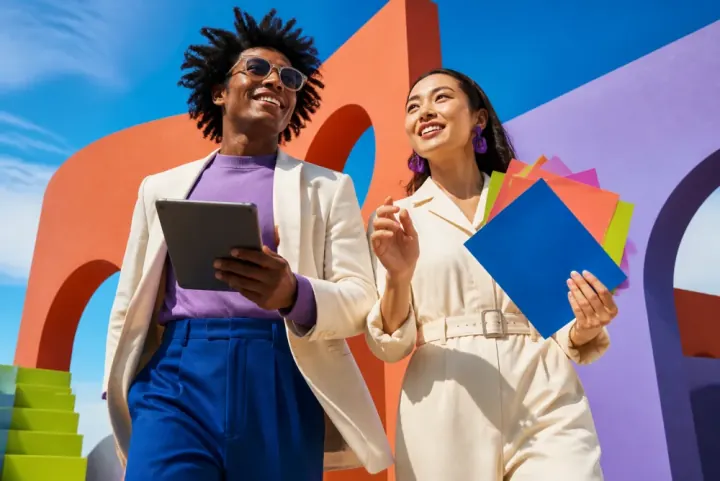 Two creative agency strategists carrying a tablet and campaign cards through a colorful sculptural studio