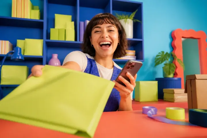 A joyful small-business owner packing a vivid parcel while managing orders on her phone