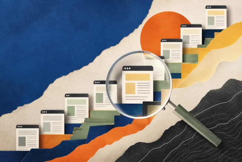 Editorial collage of near-ranking web pages ascending toward the top through a magnifying lens