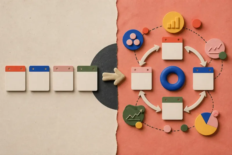 Tactile editorial comparison of a linear calendar and a circular learning marketing system