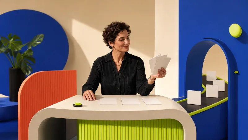 A founder reviewing campaign cards at a sculptural approval desk