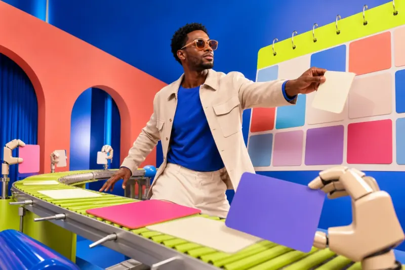 A creative lead directing blank content cards along an acid-lime production line into a colorful calendar