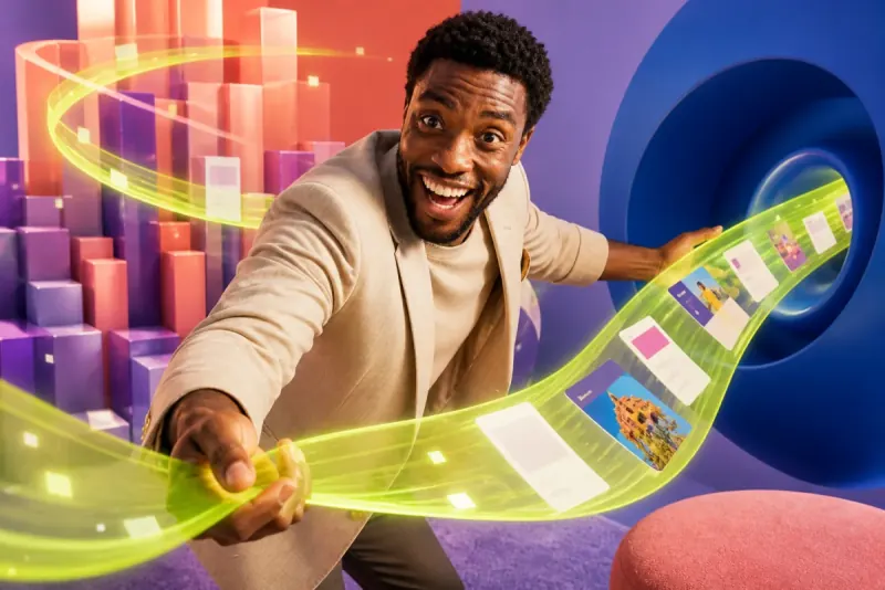 A joyful strategist pulling a glowing insight ribbon from colorful growth signals and looping it back into the system