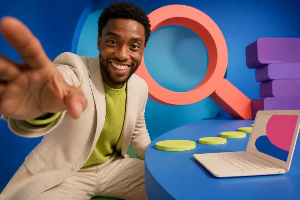 A search strategist reaching toward the camera in a cobalt studio with a giant coral magnifying glass