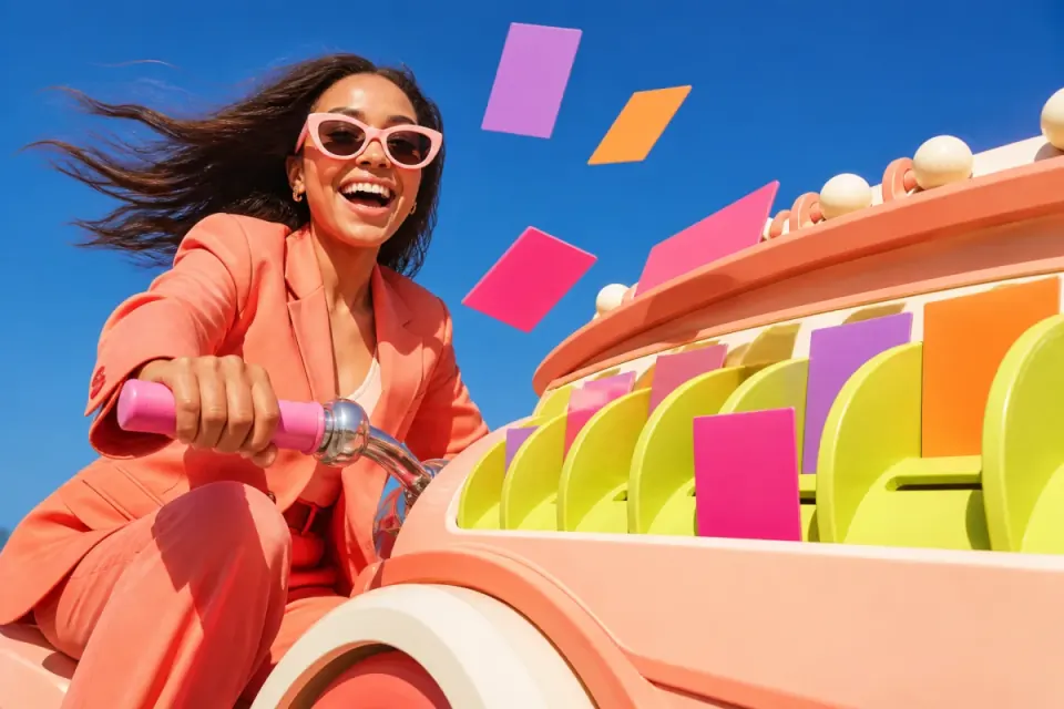 A social strategist riding beside a vivid calendar machine as colorful content cards fly into place