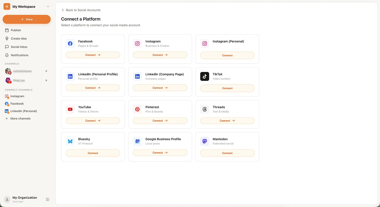 Channel picker showing twelve social platforms available to connect
