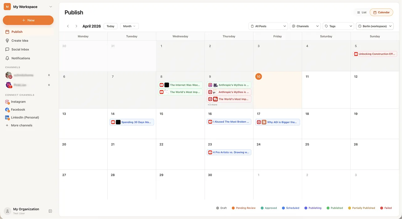 Visual content calendar showing posts scheduled across channels for April 2026