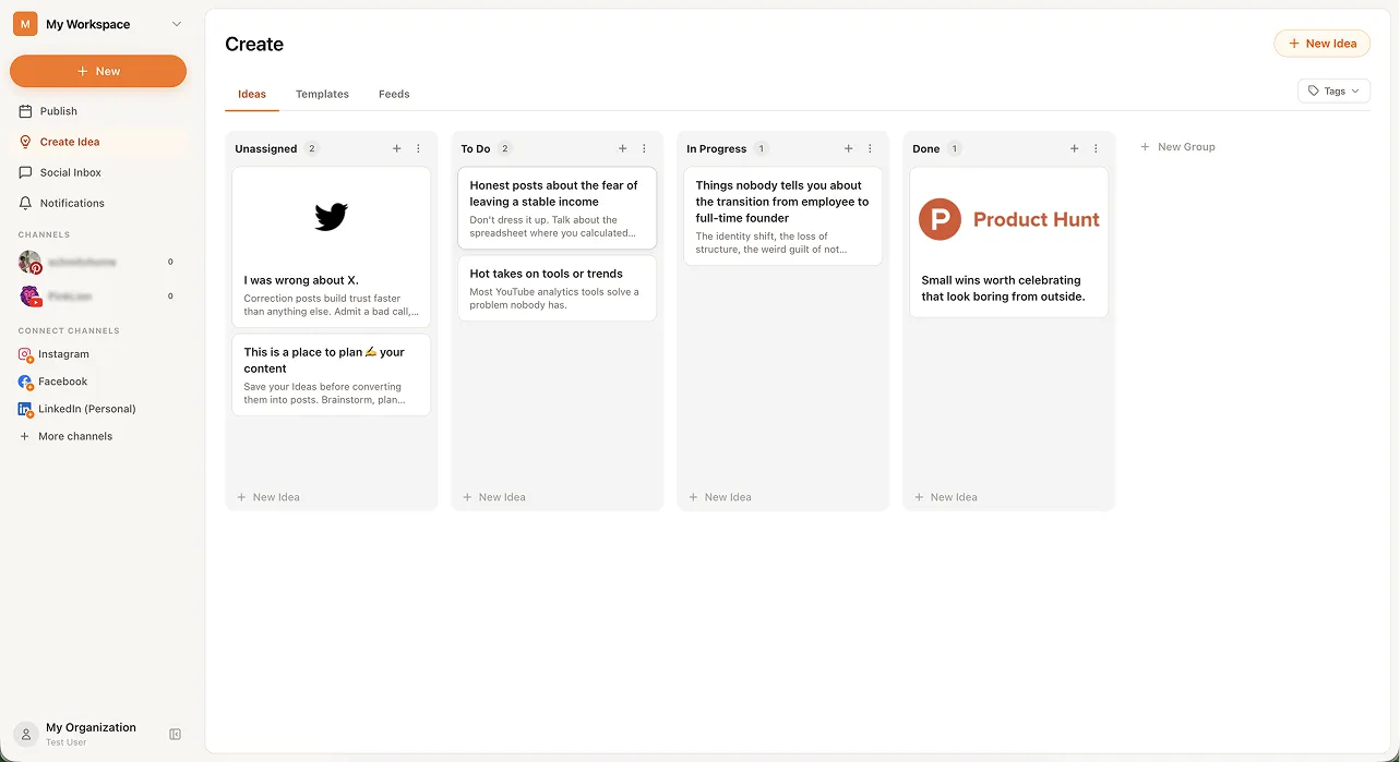 Kanban board with content ideas in columns: Unassigned, To Do, In Progress, Done