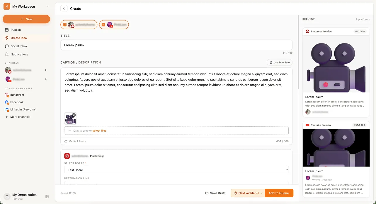 Post composer showing caption, media upload, and live Pinterest and YouTube previews